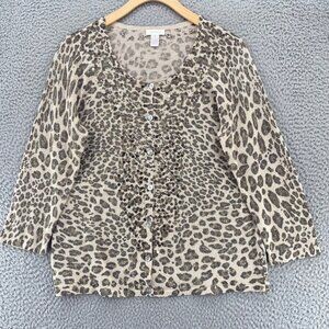 Chicos Sweater Womens 1 US Medium Beige Leopard Print Shimmer Sequin Cardigan